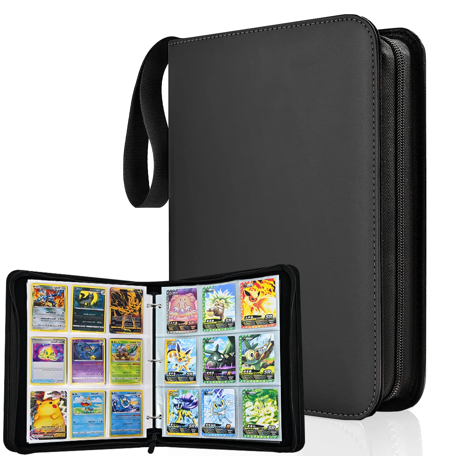 カードファイル カードバインダー シールファイル 9ポケット 900枚収納 ポータブルファスナー カードシート他のゲームカードを集める (9ポケット, ブラック)