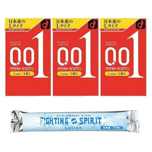 オカモト ゼロワン 0.01ミリ Lサイズ 3個入り ×(3箱セット) + ファイティングスピリットローション12mL