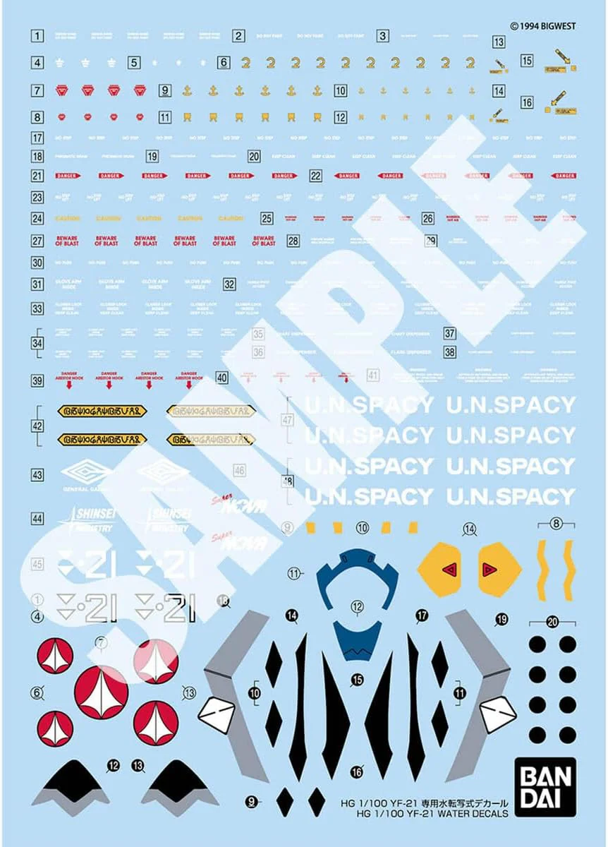 Bandai 1/100 HG Macross Plus YF-21 Water Transfer Decal