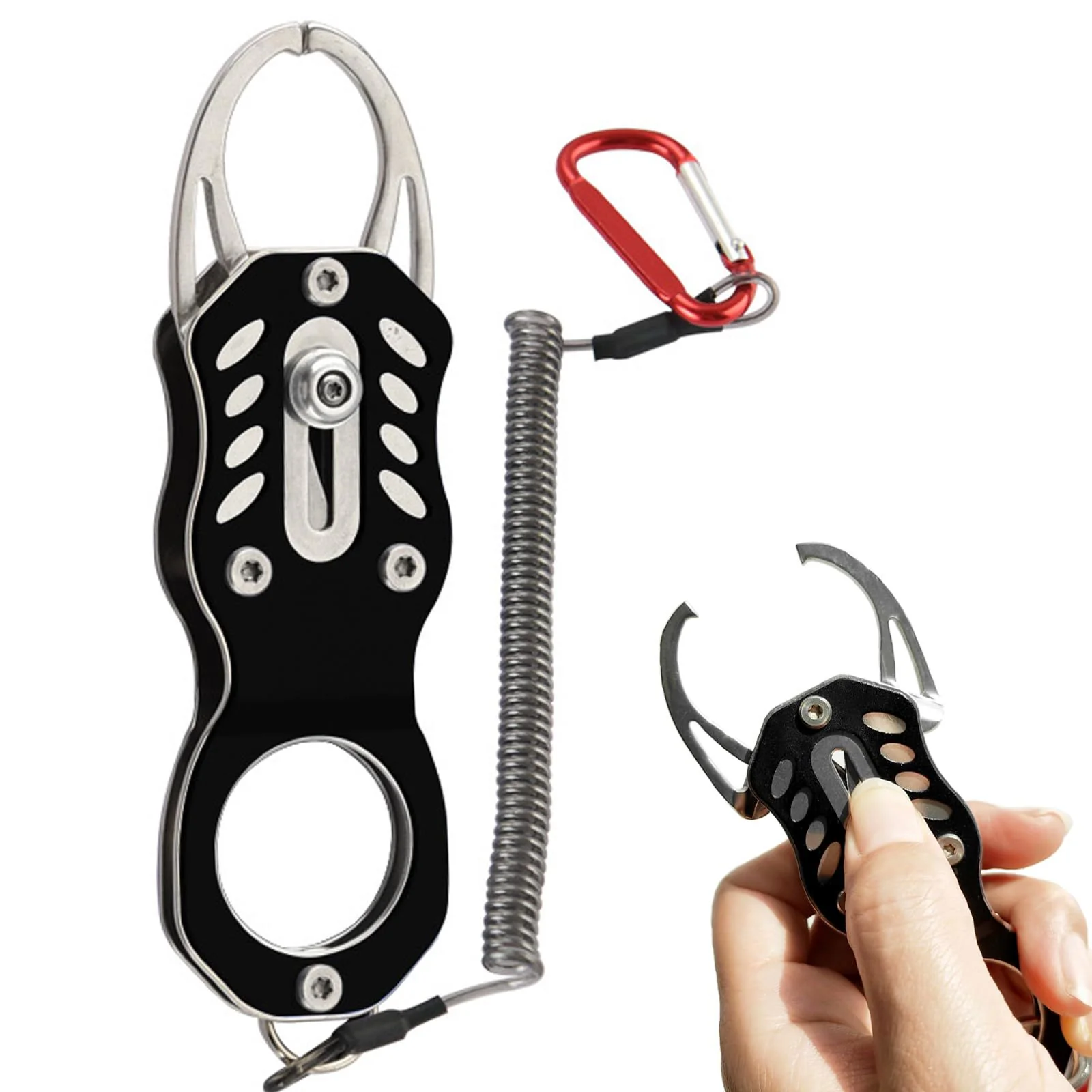 Haojiaho 小型フィッシュグリップ 魚掴み器 ミニ フィッシュキャッチャー 11.8cm フィッシンググリップ 超軽量 ステンレス＋アルミ合金 防錆 魚釣り コンパクト 携帯便利 釣り道具 黒 安全ロープ付き