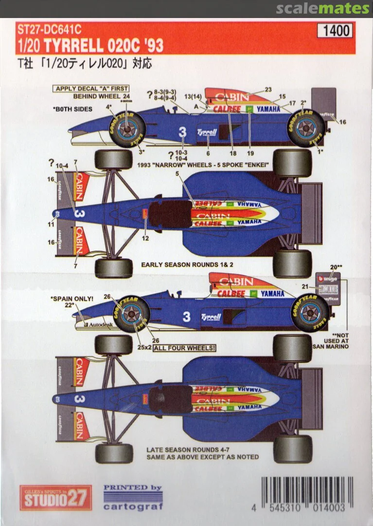 Studio27 DC641R 1/20 Tyrrell 020C Full Season 1993 - Image 2