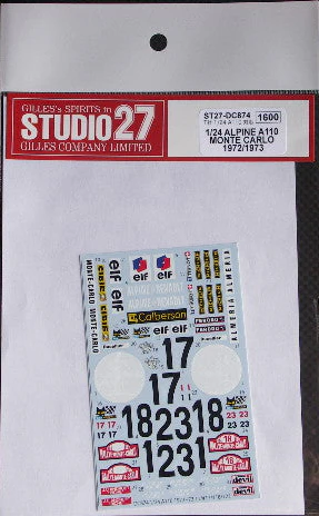 Studio27 DC874 1/24 Alpine A110 Monte Carlo 1972/73 Compatible Decal