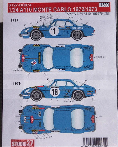 Studio27 DC874 1/24 Alpine A110 Monte Carlo 1972/73 Compatible Decal - Image 2