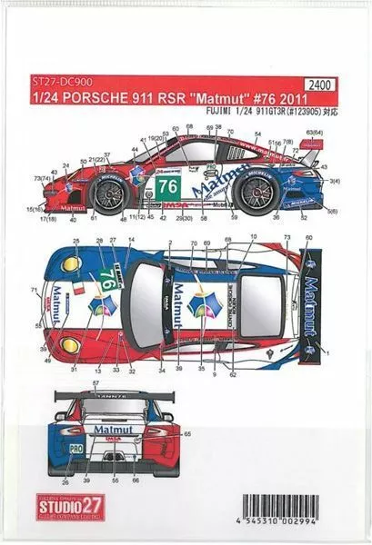 Studio27 DC900 1/24 Porsche 911RSR "Matmut" #76 2011 Fujimi Exclusive Decal - Image 2
