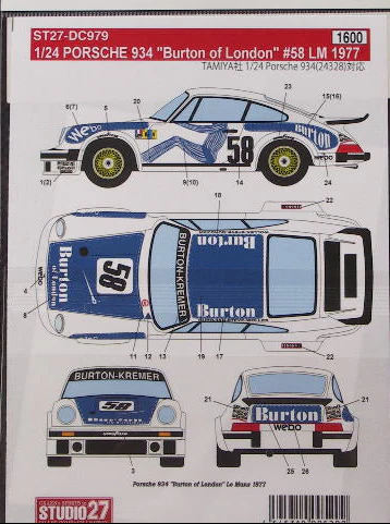 Studio27 DC979 1/24 PORSCHE934 Burton of London #58 LM 1977 Decal - Image 2